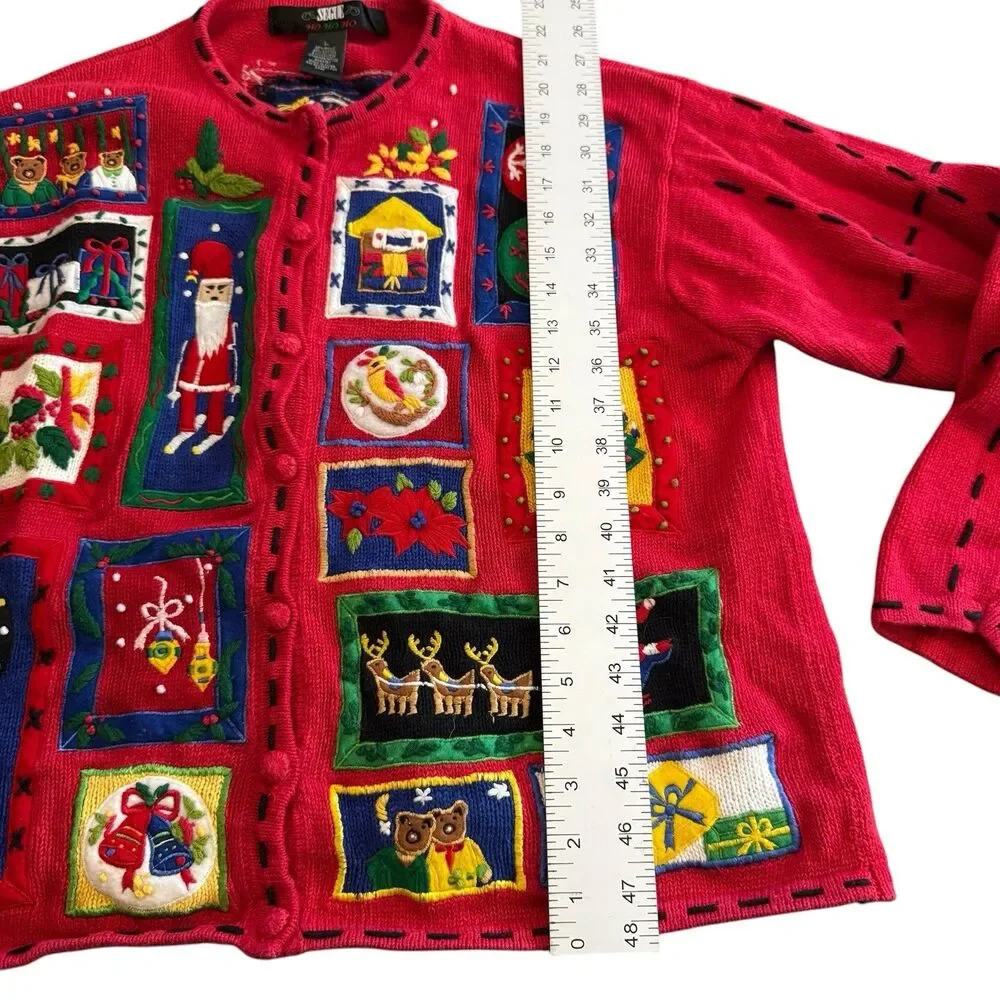 Segue Ho Ho Ho Christmas Sweater Cardigan Size L Red Womens  Button Santa Sleigh